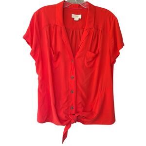 Maeve by Anthropology Front Tie Button Down Blouse Top Shirt Red Size 8 M Rayon